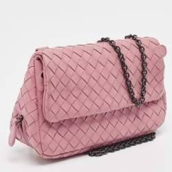 Pre Owned Bottega Veneta Light Pink Intreccaito Leather Olimpia Chain Shoulder Bag