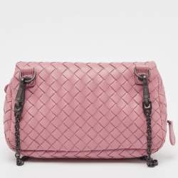 Pre Owned Bottega Veneta Light Pink Intreccaito Leather Olimpia Chain Shoulder Bag