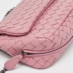 Pre Owned Bottega Veneta Light Pink Intreccaito Leather Olimpia Chain Shoulder Bag