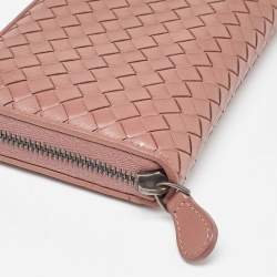 Pre Owned Bottega Veneta Old Rose Intrecciato Leather Zip Around Wallet