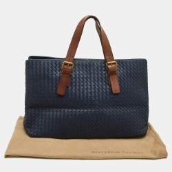 Pre Owned Bottega Veneta Blue/Tan Intrecciato Leather Shopper Tote