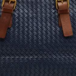 Pre Owned Bottega Veneta Blue/Tan Intrecciato Leather Shopper Tote