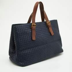 Pre Owned Bottega Veneta Blue/Tan Intrecciato Leather Shopper Tote