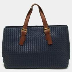 Pre Owned Bottega Veneta Blue/Tan Intrecciato Leather Shopper Tote