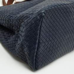 Pre Owned Bottega Veneta Blue/Tan Intrecciato Leather Shopper Tote