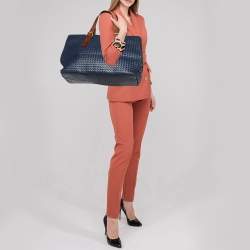 Pre Owned Bottega Veneta Blue/Tan Intrecciato Leather Shopper Tote