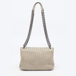 Pre Owned Bottega Veneta Grey Woven Leather Small Olimpia Shoulder Bag
