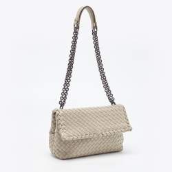 Pre Owned Bottega Veneta Grey Woven Leather Small Olimpia Shoulder Bag