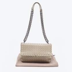 Pre Owned Bottega Veneta Grey Woven Leather Small Olimpia Shoulder Bag