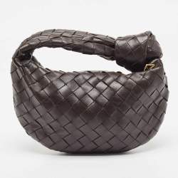 Bottega Veneta Dark Brown Leather Intrecciato Mini Jodie Top Handle Bag