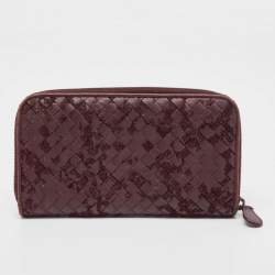 Pre Owned Bottega Veneta Burgundy Intrecciato Leather and Velvet Zip Around Wallet