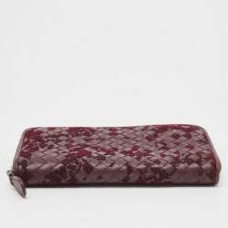 Pre Owned Bottega Veneta Burgundy Intrecciato Leather and Velvet Zip Around Wallet