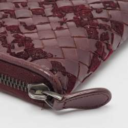 Pre Owned Bottega Veneta Burgundy Intrecciato Leather and Velvet Zip Around Wallet