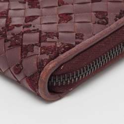 Pre Owned Bottega Veneta Burgundy Intrecciato Leather and Velvet Zip Around Wallet