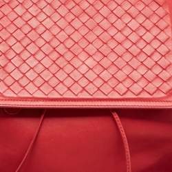 Bottega Veneta Red Leather Intrecciato Flap Drawstring Backpack