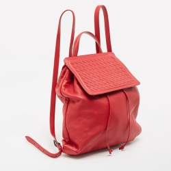 Bottega Veneta Red Leather Intrecciato Flap Drawstring Backpack