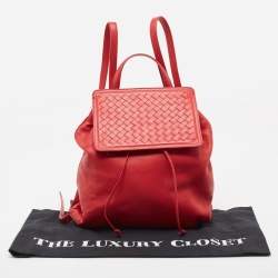 Bottega Veneta Red Leather Intrecciato Flap Drawstring Backpack