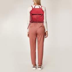 Bottega Veneta Red Leather Intrecciato Flap Drawstring Backpack