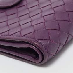 Pre Owned Bottega Veneta Purple Intrecciato Leather Compact Wallet