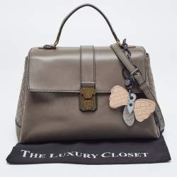 Pre Owned Bottega Veneta Dark Beige Leather Medium Piazza Top Handle Bag