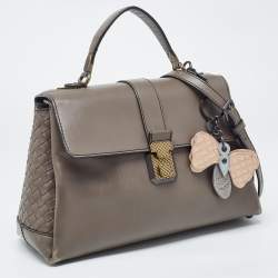 Pre Owned Bottega Veneta Dark Beige Leather Medium Piazza Top Handle Bag