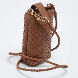 Pre Owned Bottega Veneta Brown Intrecciato Leather Phone Bag
