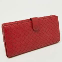 Pre Owned Bottega Veneta Red Intrecciato Leather Flap Continental Wallet