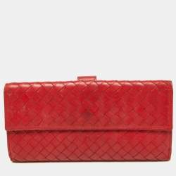 Pre Owned Bottega Veneta Red Intrecciato Leather Flap Continental Wallet