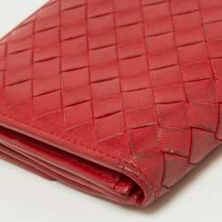 Pre Owned Bottega Veneta Red Intrecciato Leather Flap Continental Wallet