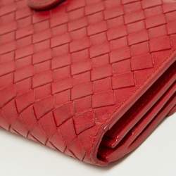 Pre Owned Bottega Veneta Red Intrecciato Leather Flap Continental Wallet
