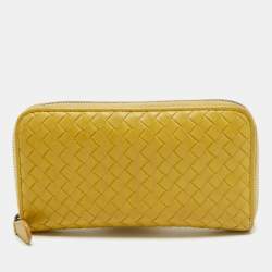 Pre Owned Bottega Veneta Yellow Intrecciato Leather Zip Around Wallet