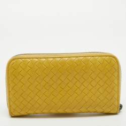 Pre Owned Bottega Veneta Yellow Intrecciato Leather Zip Around Wallet