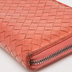 Pre Owned Bottega Veneta Coral Red Intrecciato Leather Zip Around Wallet