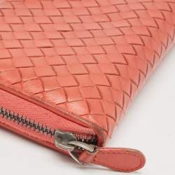 Pre Owned Bottega Veneta Coral Red Intrecciato Leather Zip Around Wallet