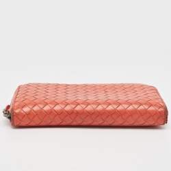 Pre Owned Bottega Veneta Coral Red Intrecciato Leather Zip Around Wallet