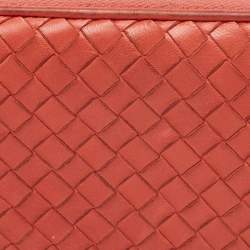 Pre Owned Bottega Veneta Coral Red Intrecciato Leather Zip Around Wallet