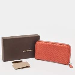 Pre Owned Bottega Veneta Coral Red Intrecciato Leather Zip Around Wallet