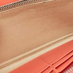 Pre Owned Bottega Veneta Coral Red Intrecciato Leather Zip Around Wallet