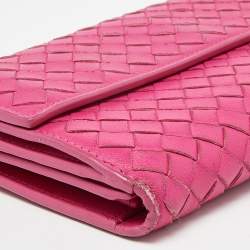 Pre Owned Bottega Veneta Pink Intrecciato Leather Flap Continental Wallet