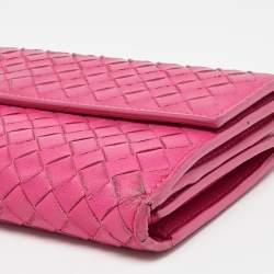 Pre Owned Bottega Veneta Pink Intrecciato Leather Flap Continental Wallet