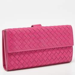 Pre Owned Bottega Veneta Pink Intrecciato Leather Flap Continental Wallet