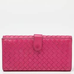 Pre Owned Bottega Veneta Pink Intrecciato Leather Flap Continental Wallet