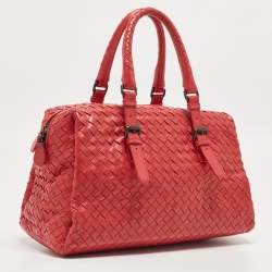 Pre Owned Bottega Veneta Red Intrecciato Leather New Boston Bag