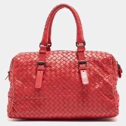 Pre Owned Bottega Veneta Red Intrecciato Leather New Boston Bag