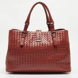 Bottega Veneta  Maroon Intrecciato Leather Medium Roma Tote