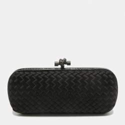 Pre Owned Bottega Veneta Black ntrecciato Satin and Watersnake Leather Knot Long Clutch