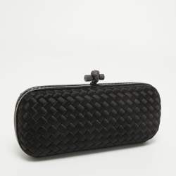 Pre Owned Bottega Veneta Black ntrecciato Satin and Watersnake Leather Knot Long Clutch