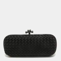 Pre Owned Bottega Veneta Black ntrecciato Satin and Watersnake Leather Knot Long Clutch