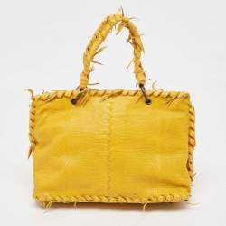 Pre Owned Bottega Veneta Yellow Lizard Turnlock Flap Top Handle Bag