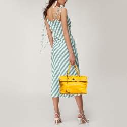 Pre Owned Bottega Veneta Yellow Lizard Turnlock Flap Top Handle Bag
